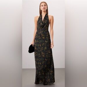 WeWoreWhat Black Abstract Satin Halter Gown (Size M) NWOT